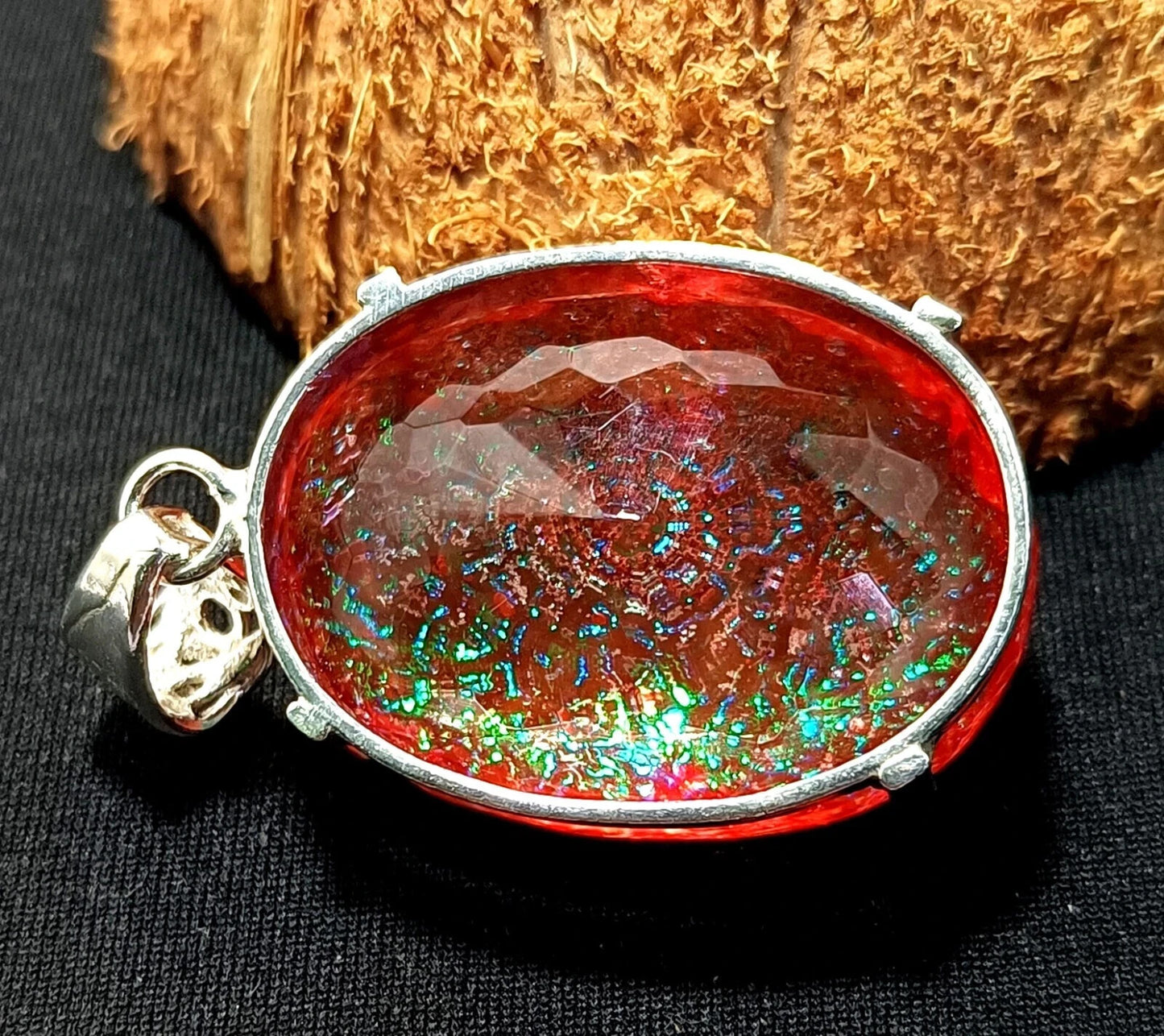 112.90 Ct Natural Oval Monarch Fire Opal Doublet Solid Silver Pendant Gemstone