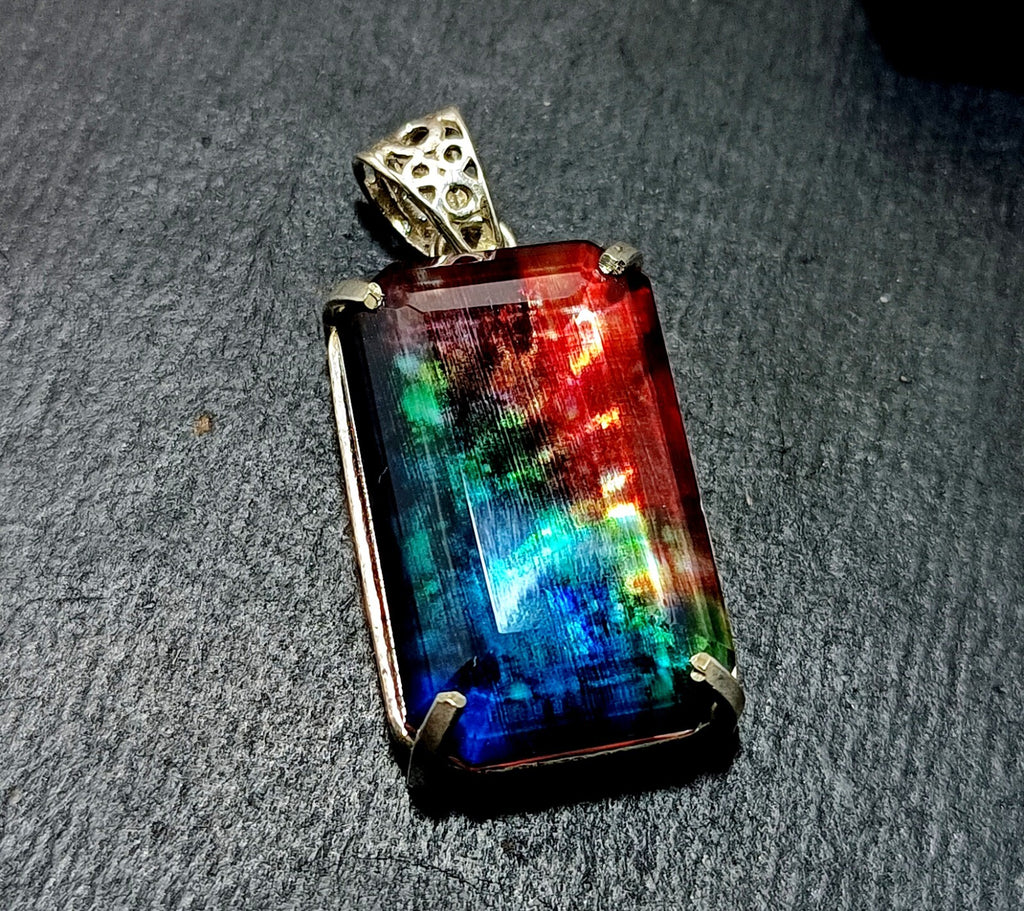 Certified 65.05Ct Natural Ammolite 925 Silver Emerald Cut Pendant Loose Gemstone