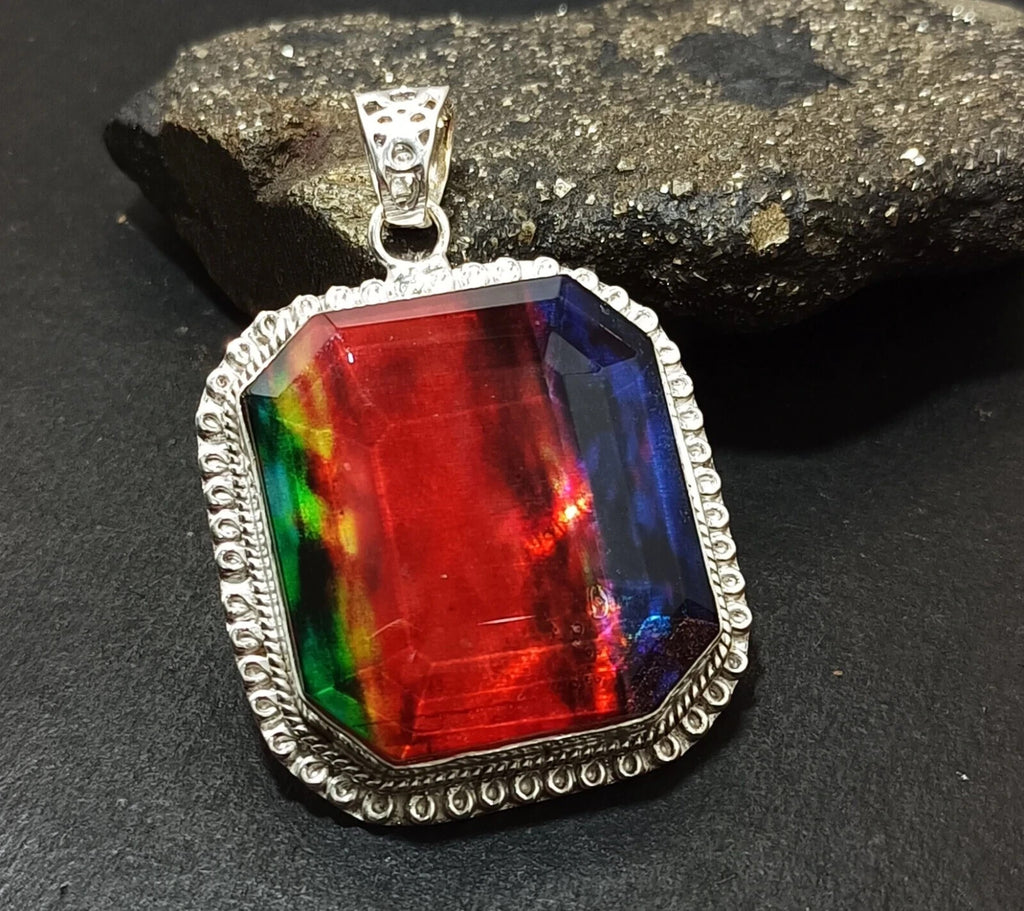 Certified 94.35 Ct Natural Ammolite 925 Solid Silver Rainbow Pendant Gemstone