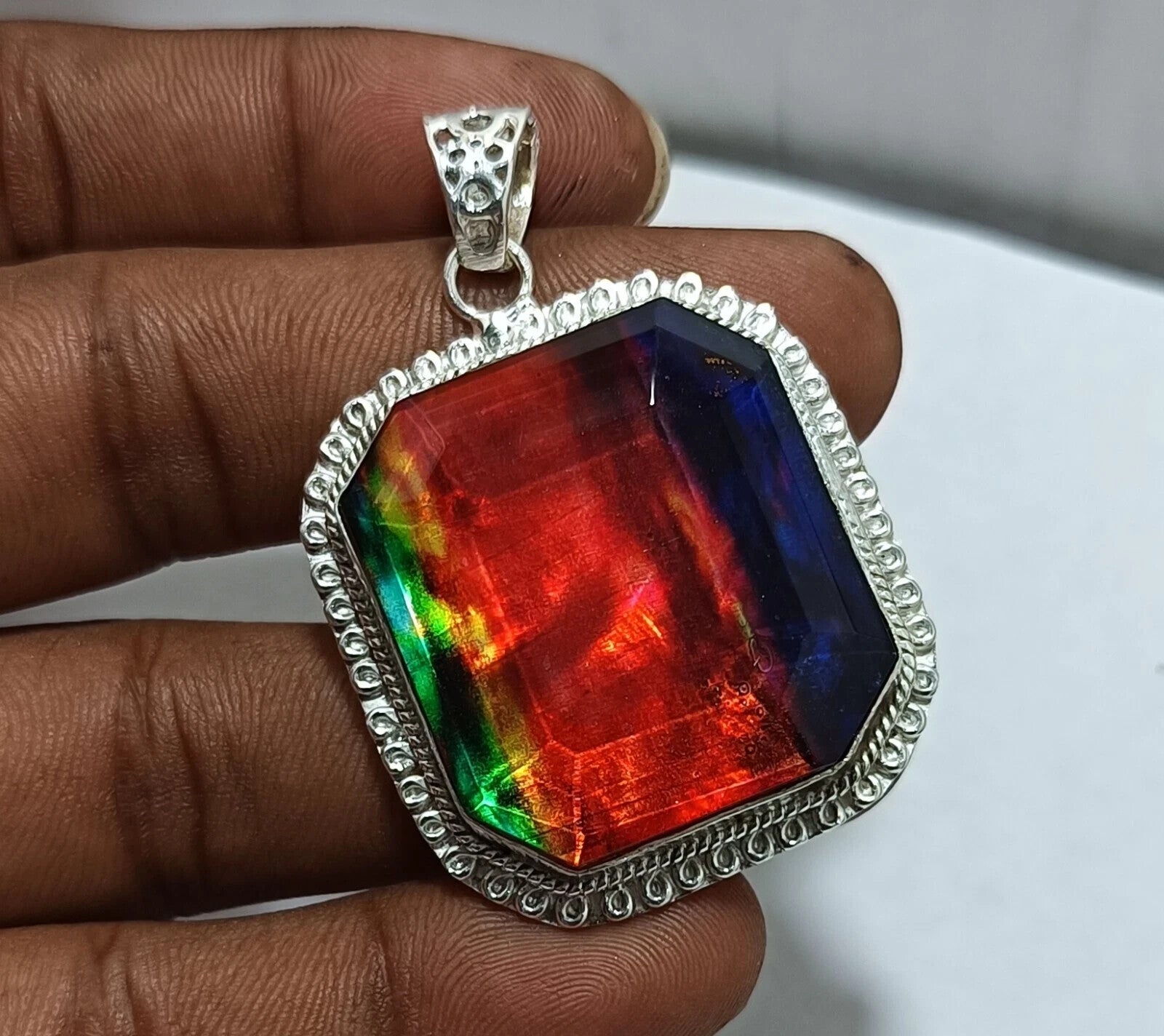 Certified 94.35 Ct Natural Ammolite 925 Solid Silver Rainbow Pendant Gemstone