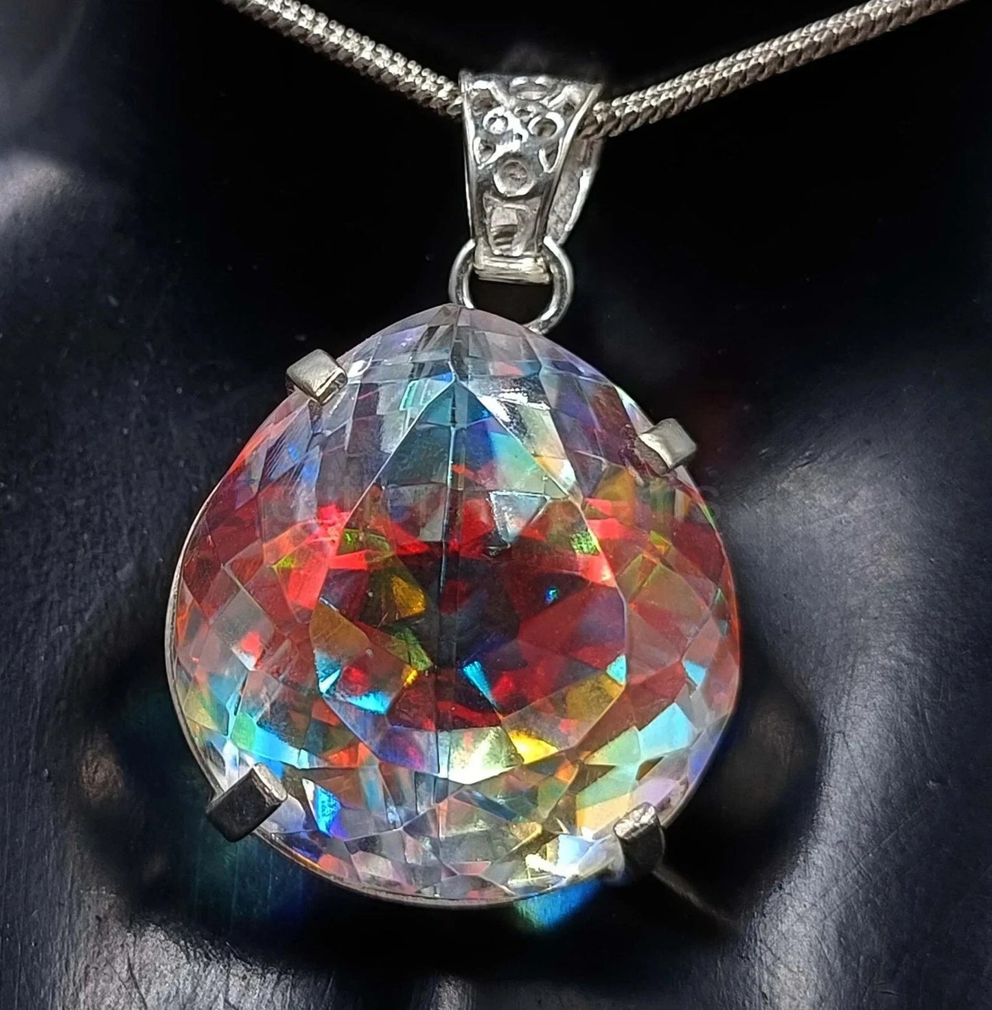 Natural Oval Mystic Topaz 58.15 Ct+ 925 Solid Silver Rainbow Pendant Gemstone
