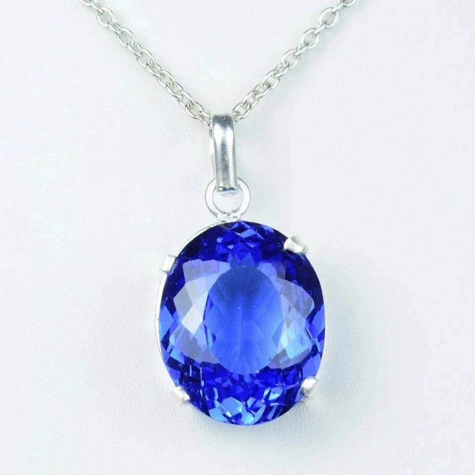 Natural GIE Certified 28 Ct BLUE Sapphire Loose Gemstone In Solid Silver Pendant