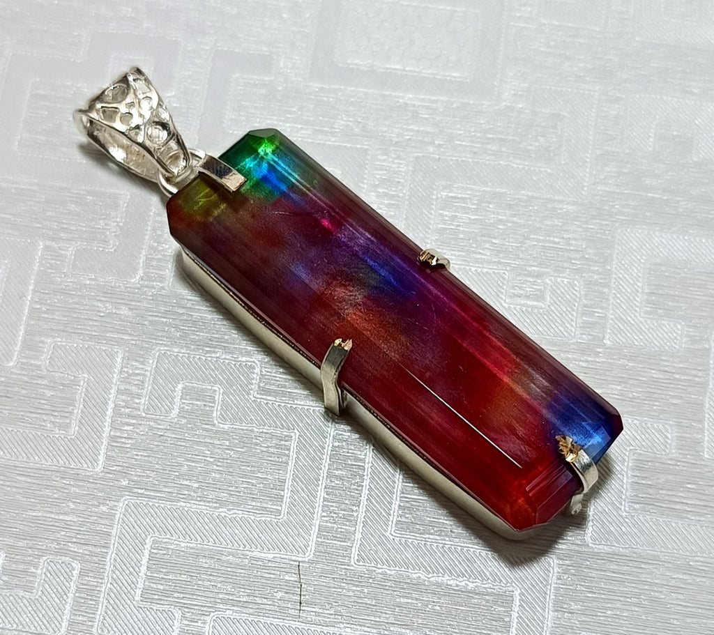 Certified 56.40Ct Natural Ammolite 925 Silver Emerald Cut Pendant Loose Gemstone