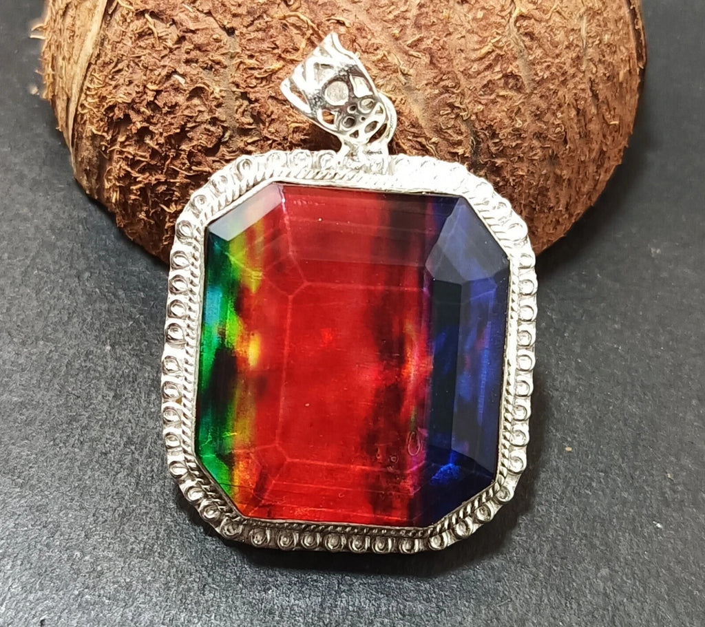 Certified 94.35 Ct Natural Ammolite 925 Solid Silver Rainbow Pendant Gemstone