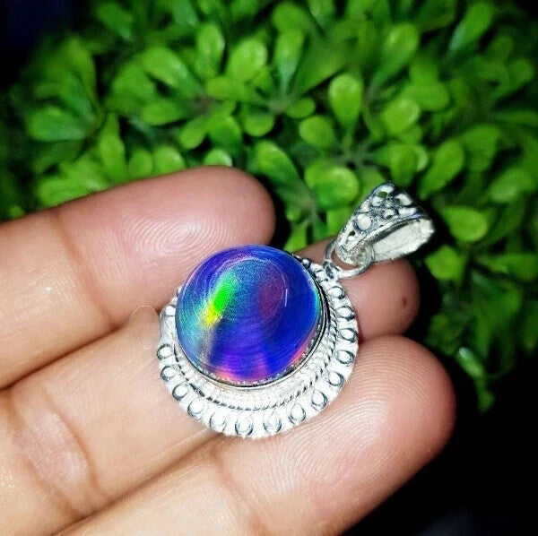 925 Sterling silver Pendant 25Ct Aurora Natural Opal Multi Fire Round Gemstone