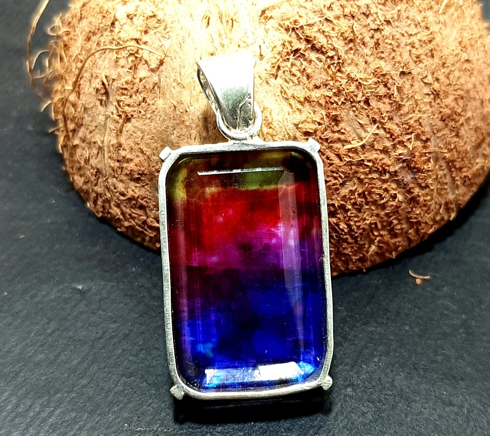 Certified 61.40Ct Natural Ammolite 925 Silver Emerald Cut Pendant Loose Gemstone