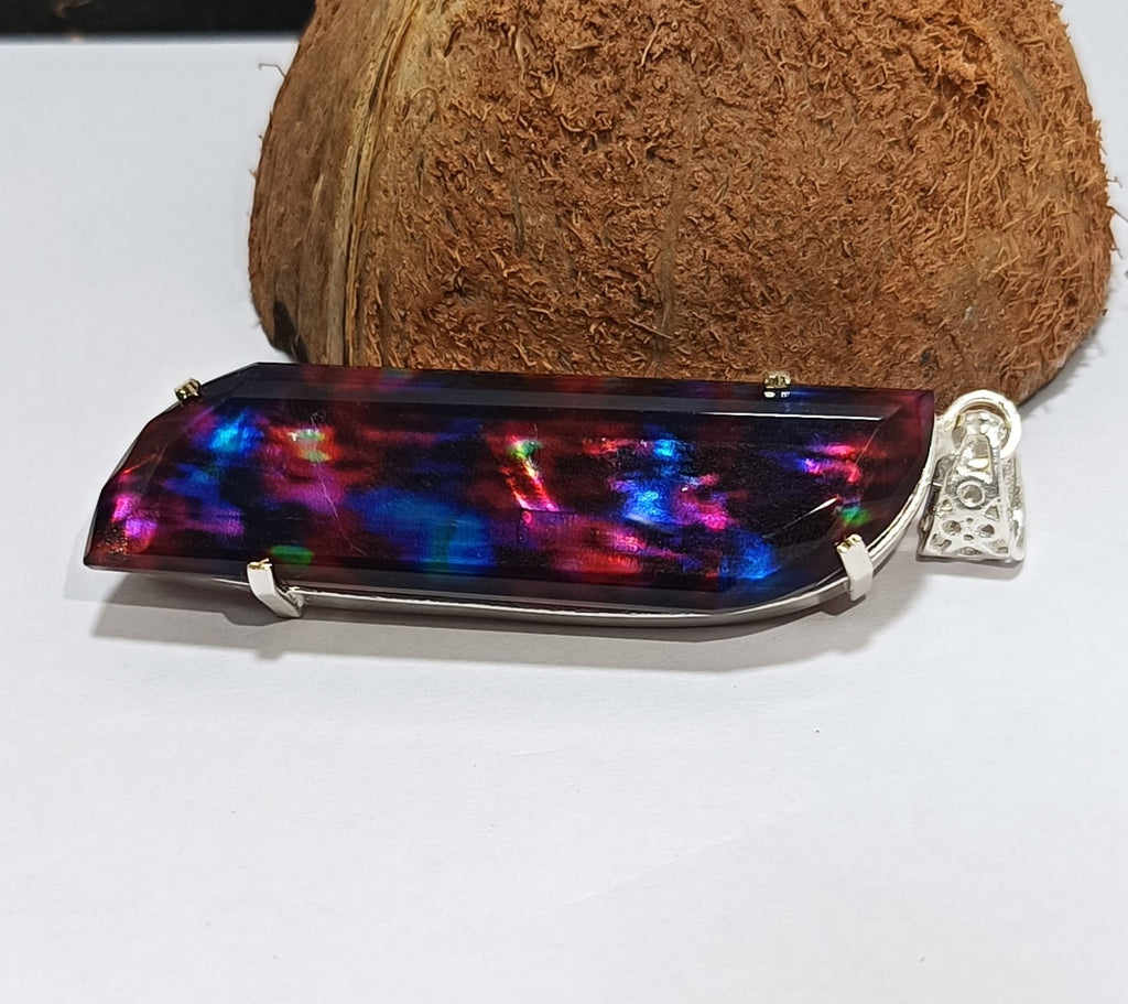 Certified Fancy Cut 80.70 Ct Natural Ammolite  Solid Silver Pendant Gemstone