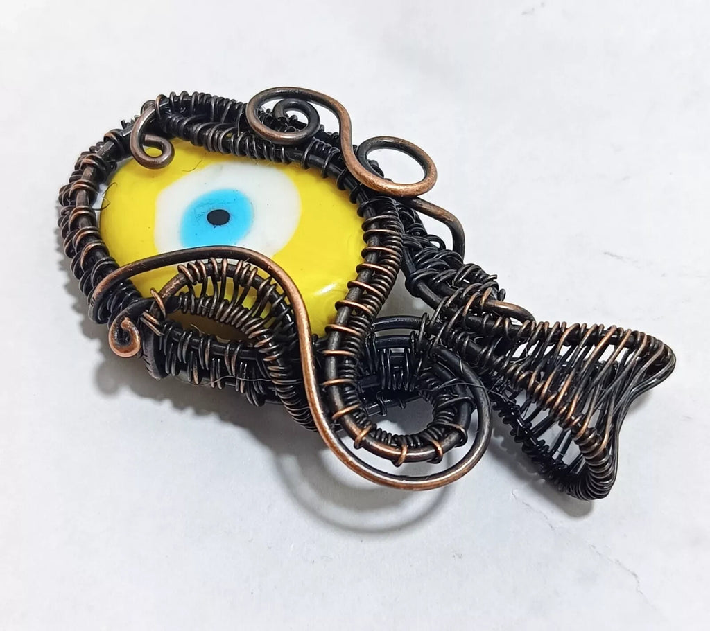 117.85 CT Yellow Evil Eye Gemstone Copper Wire Wrapped Pendant Gift For Mom