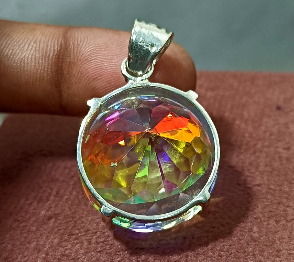 GIE Certified 86.20 Ct Round Natural Mystic Rainbow Pendant 925 Silver Jewelry