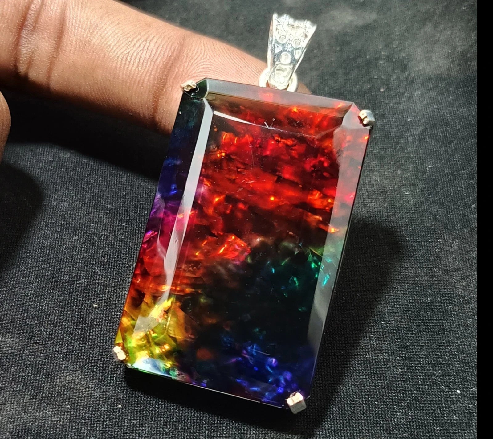Loose Fancy 103.10 Ct Natural Ammolite 925 Solid Silver Rainbow PENDANT Gemstone