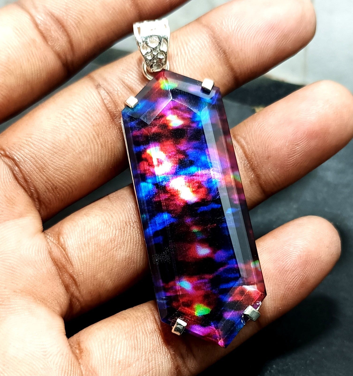 Certified Fancy Cut  96.95 Ct Natural Ammolite  Solid Silver Pendant Gemstone