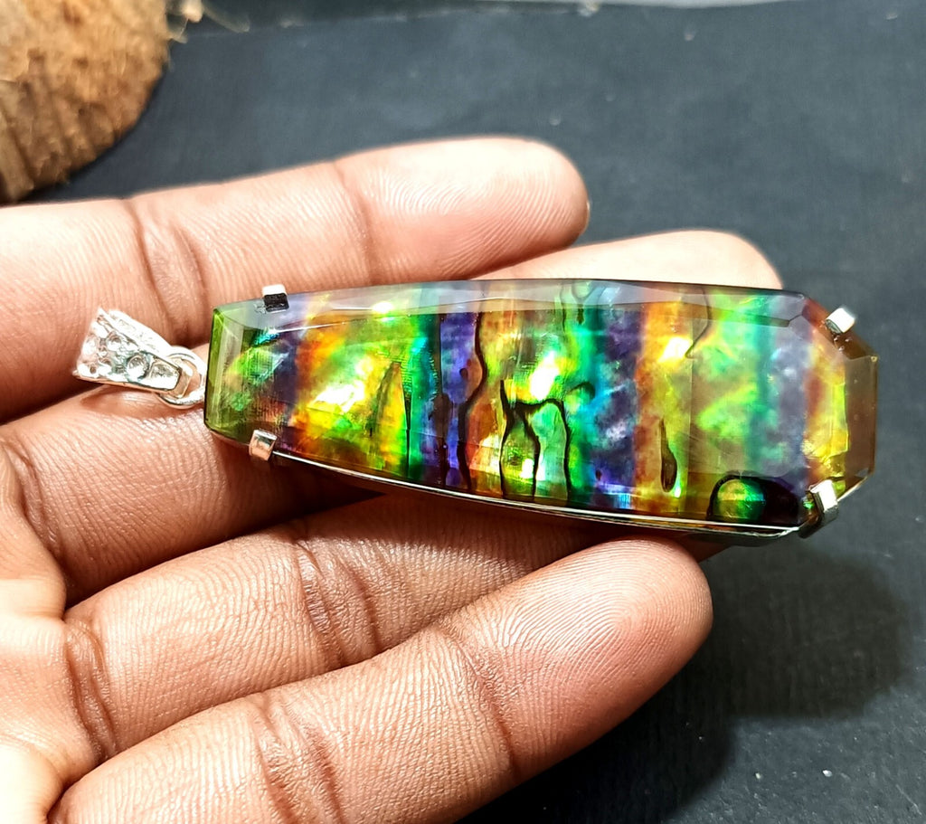 Certified 100.10 Ct Natural Ammolite 925 Solid Silver Rainbow Pendant Gemstone