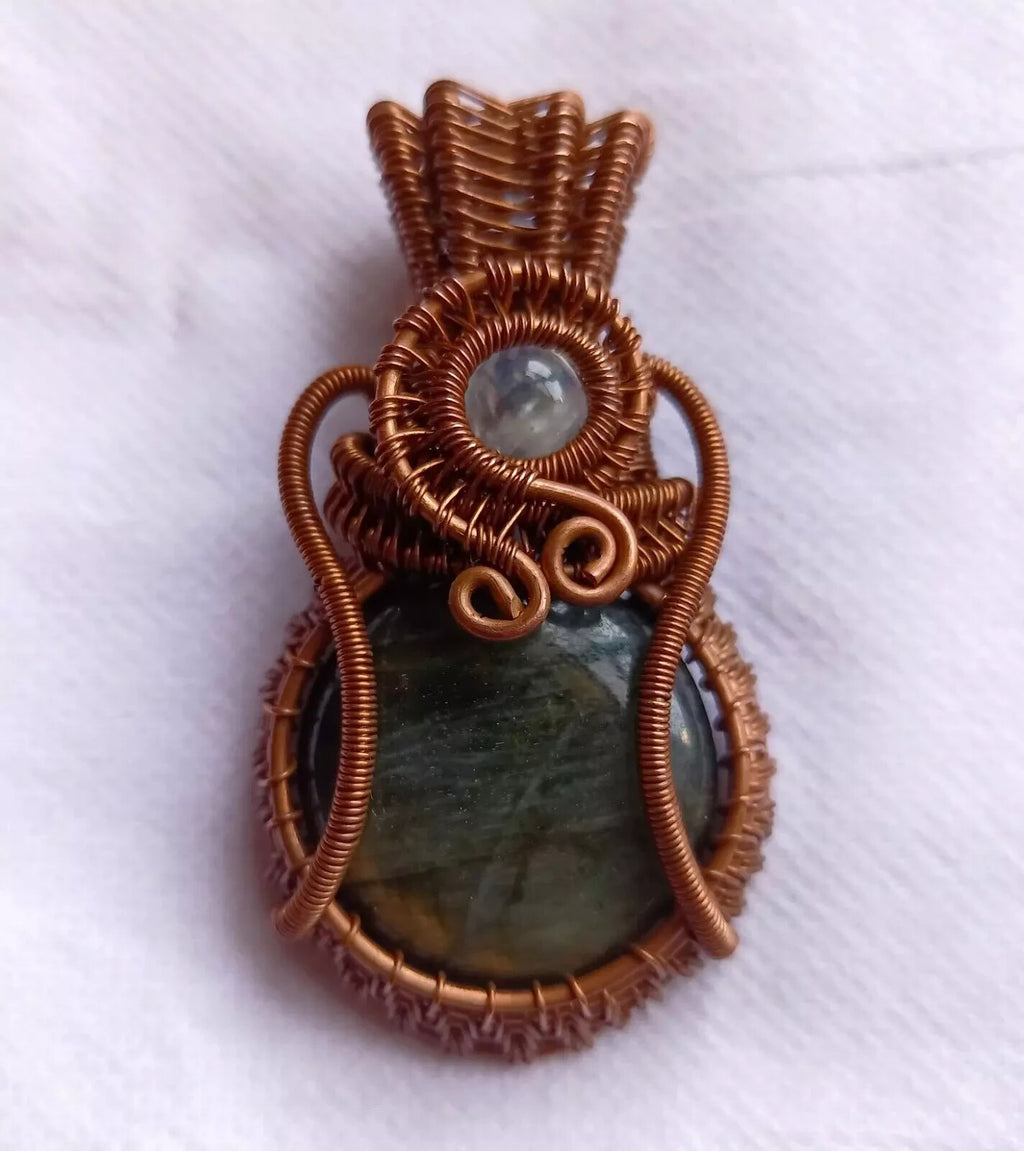 145.5 Ct Labradorite Wire Wrapped Pendant Handcrafted Copper Ethnic Gift 2.34"