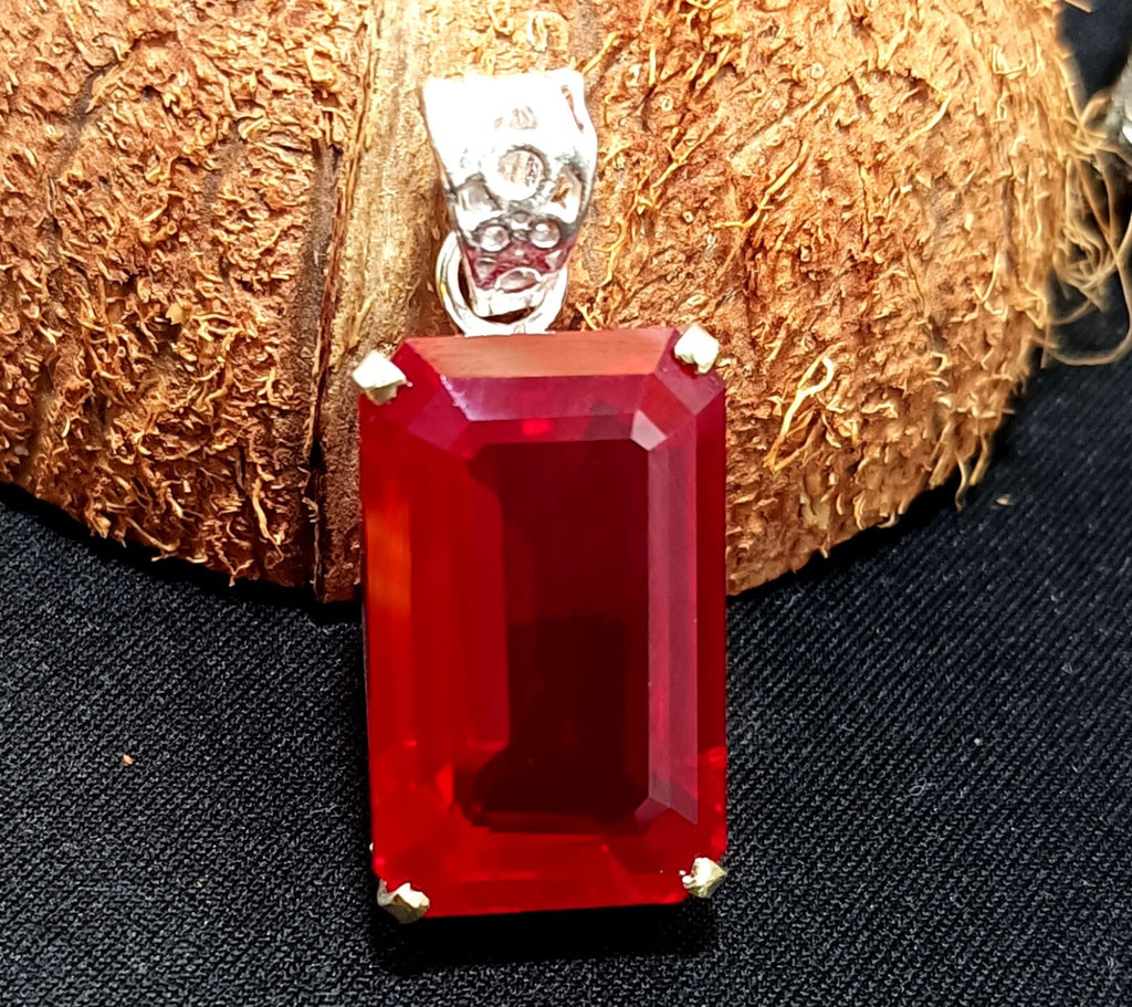 925 Sterling Silver Plated Emerald CutRuby Necklace locket Pendant 63.95 Ct