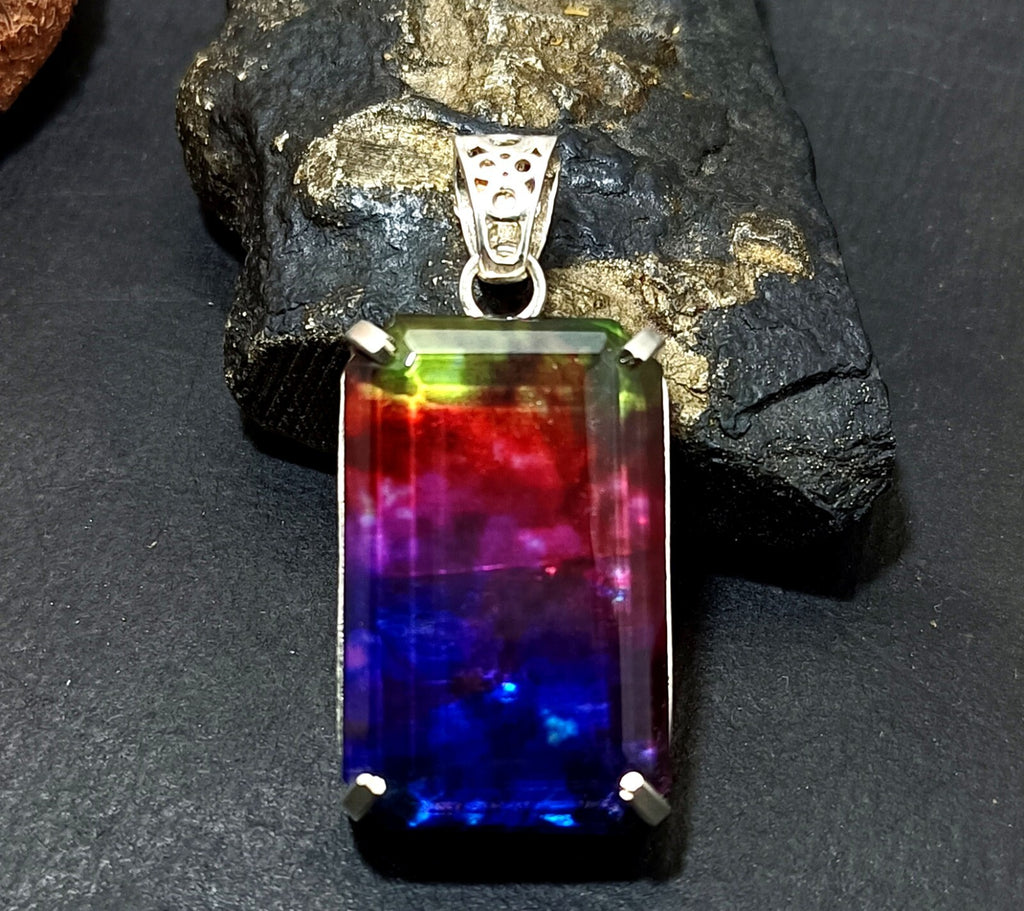 Certified 61.40Ct Natural Ammolite 925 Silver Emerald Cut Pendant Loose Gemstone