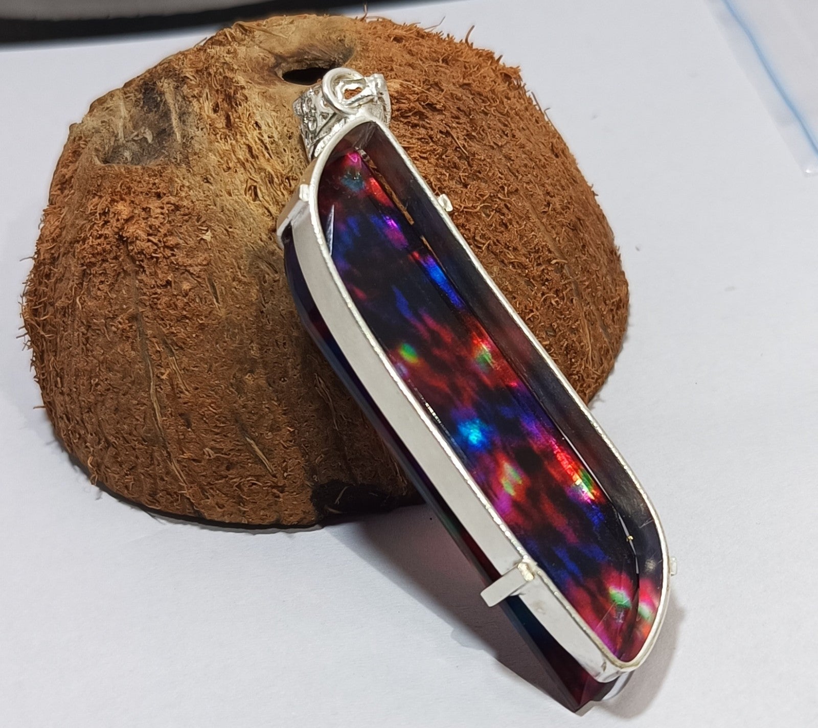 Certified Fancy Cut 80.70 Ct Natural Ammolite  Solid Silver Pendant Gemstone