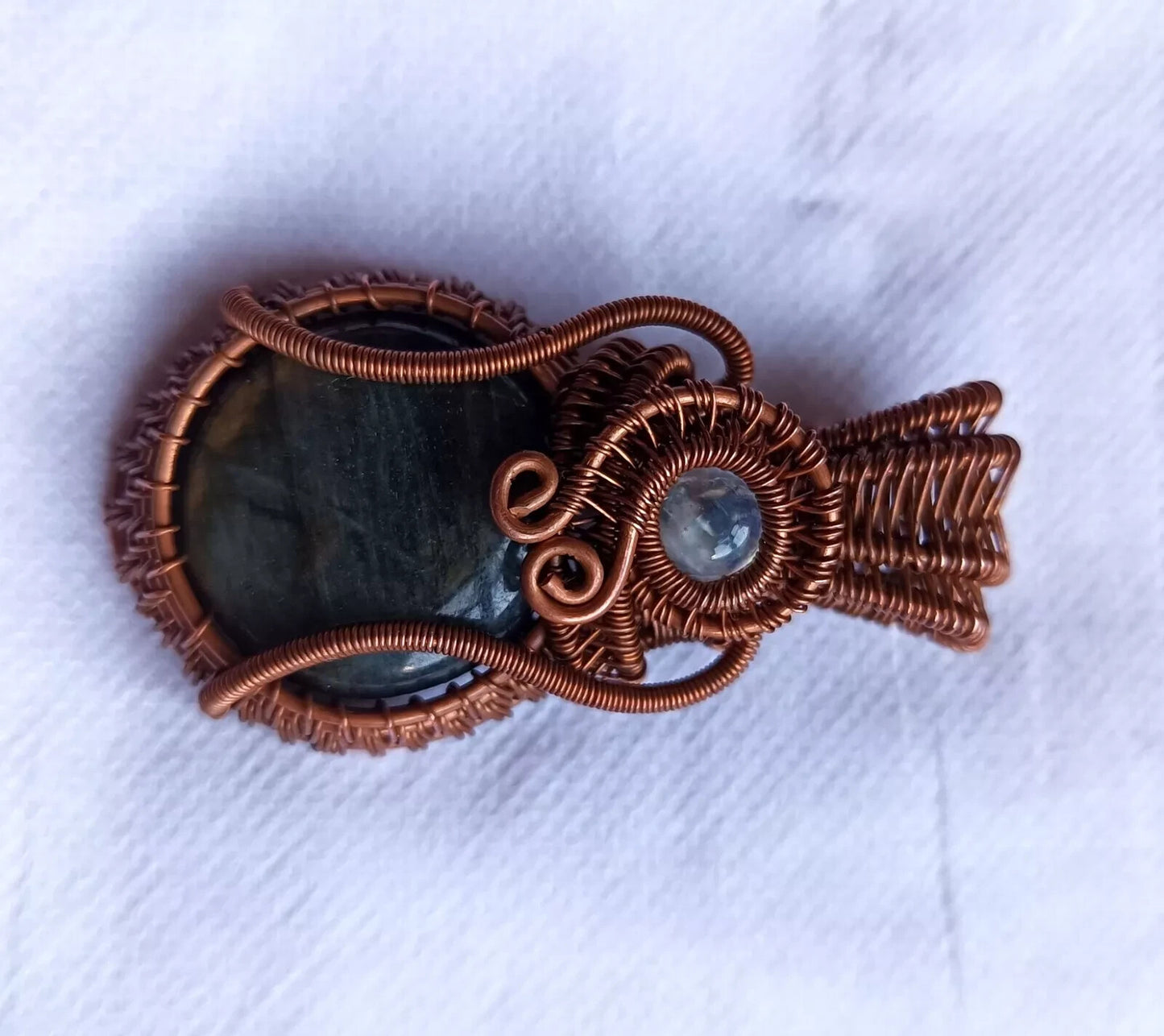 145.5 Ct Labradorite Wire Wrapped Pendant Handcrafted Copper Ethnic Gift 2.34"