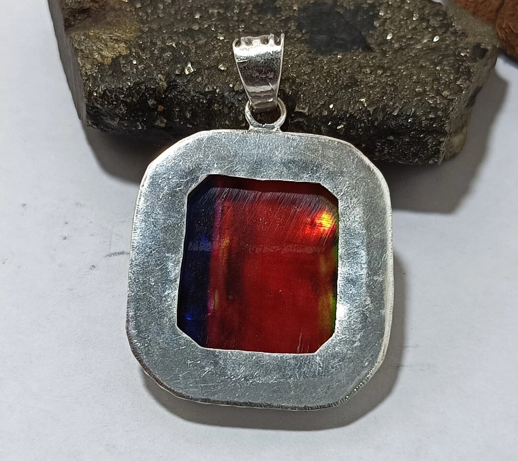 Certified 94.35 Ct Natural Ammolite 925 Solid Silver Rainbow Pendant Gemstone