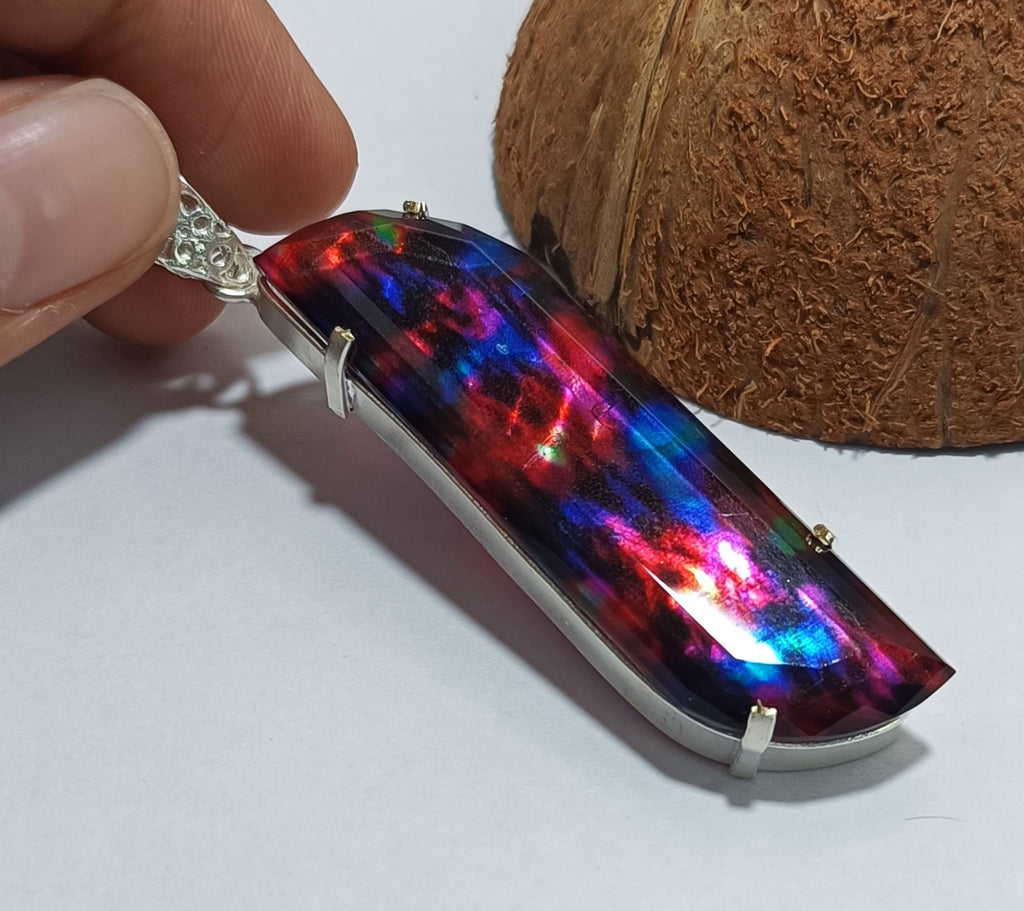 Certified Fancy Cut 80.70 Ct Natural Ammolite  Solid Silver Pendant Gemstone