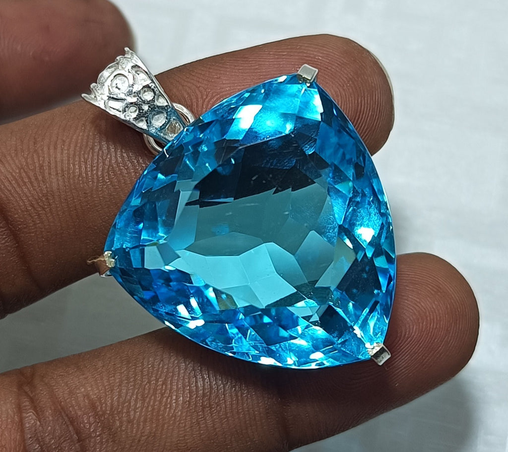 98.50 Ct Trillion Aquamarine Natural Topaz 925 Solid Silver Pendant Loose Gems
