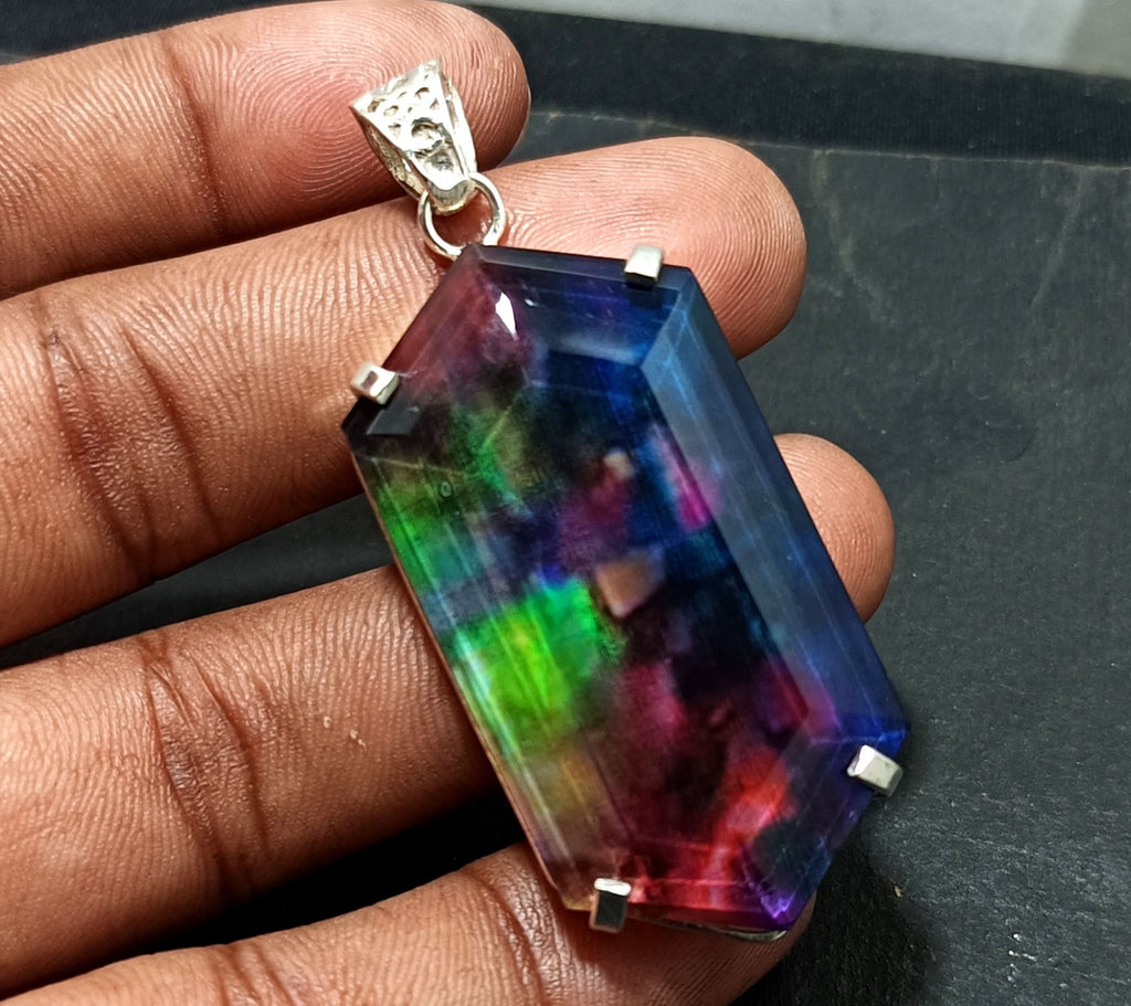 Certified 95.25Ct Natural Ammolite 925 Silver Fancy Cut Pendant Loose Gemstone