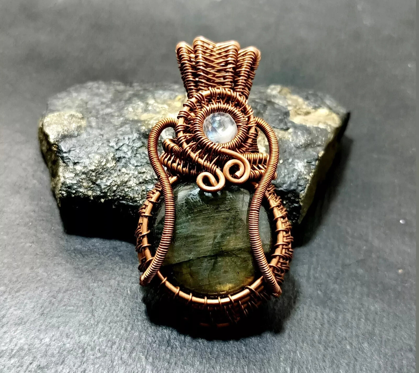 145.5 Ct Labradorite Wire Wrapped Pendant Handcrafted Copper Ethnic Gift 2.34"