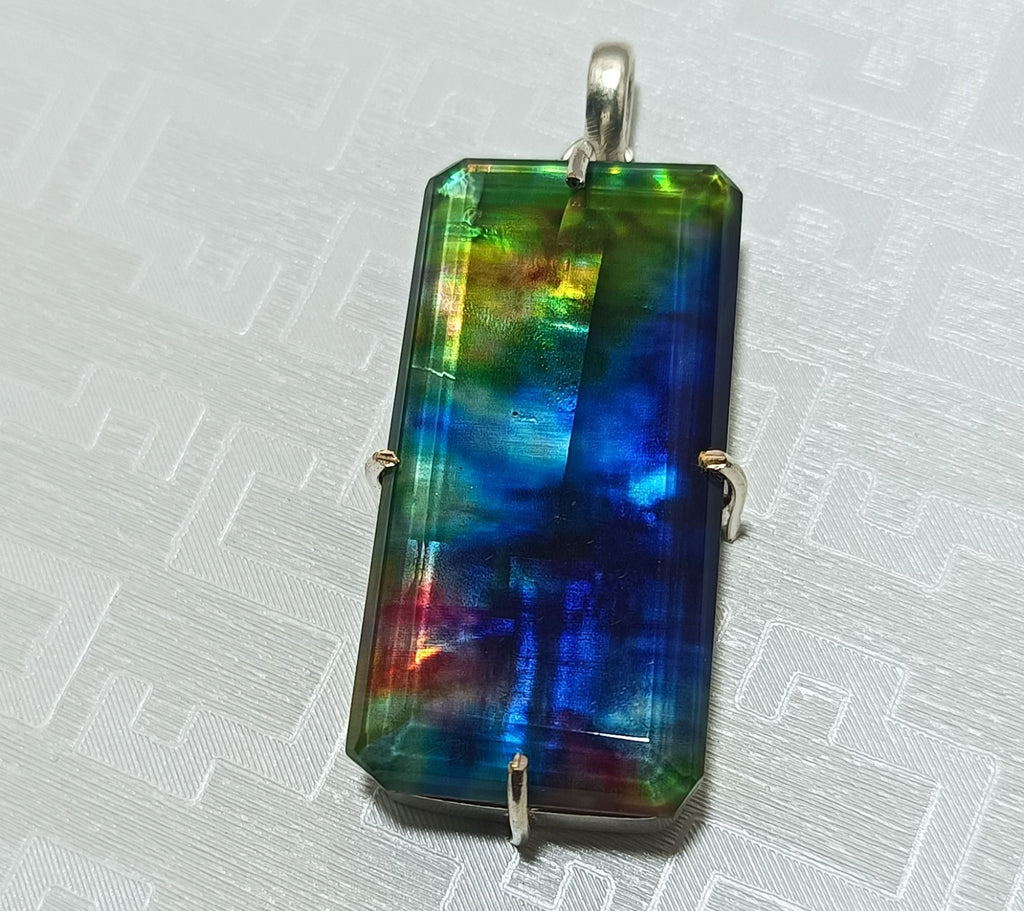Certified 92.15Ct Natural Ammolite 925 Silver Emerald Cut Pendant Loose Gemstone