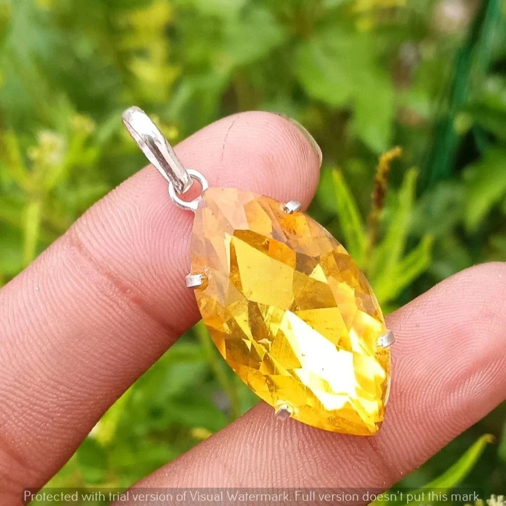 Calm Yellow Faceted 50 Ct Natural Topaz Sterling Silver Plated Handmade Pendant