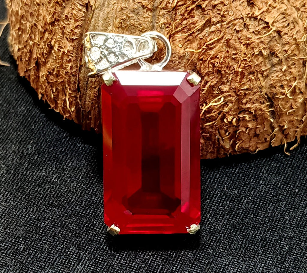 925 Sterling Silver Plated Emerald CutRuby Necklace locket Pendant 64.65 Ct