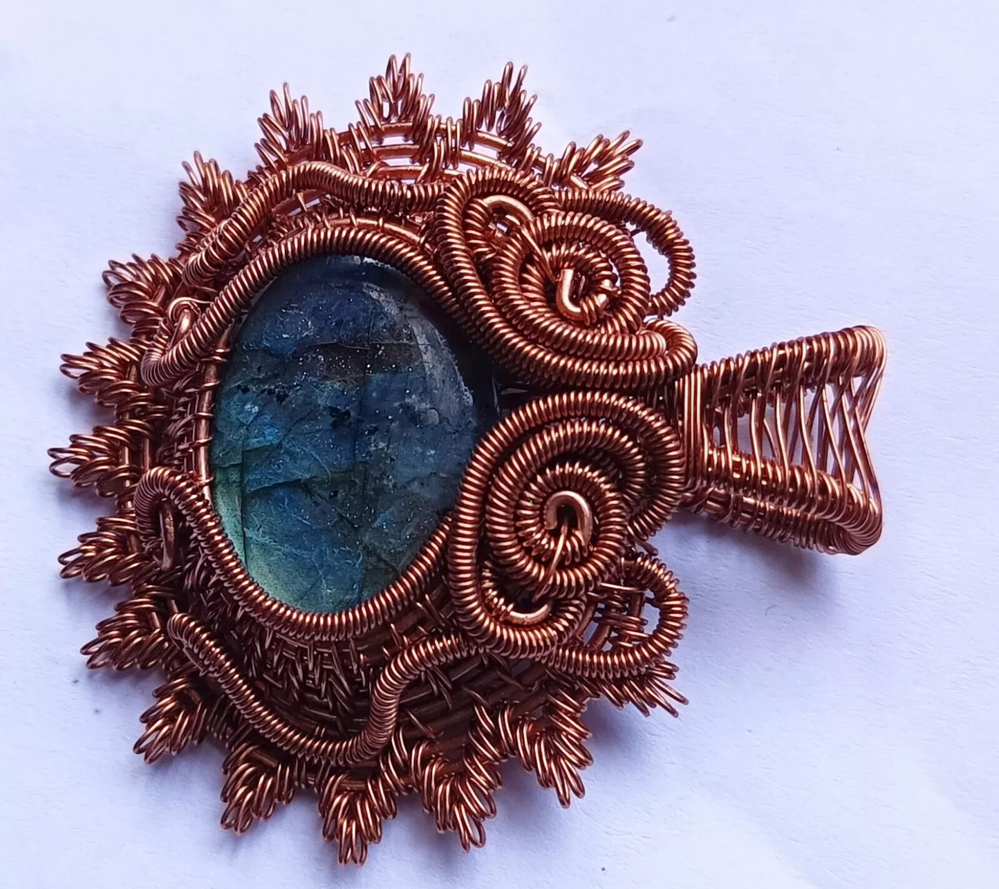 109.5 Ct Labradorite Wire Wrapped Pendant Handcrafted Copper Ethnic Gift 1.97"