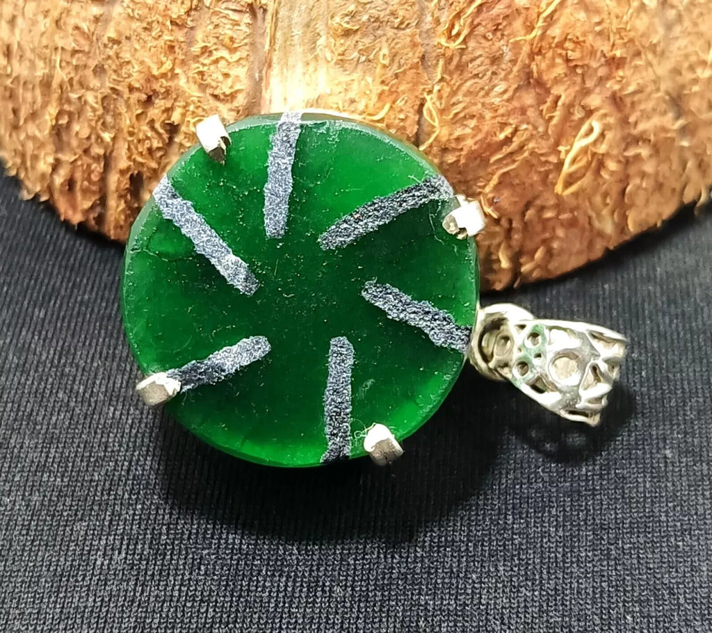 57.90Ct Natural Emerald Trapiche Solid Silver Round Pendant CERTIFIED Gemstone