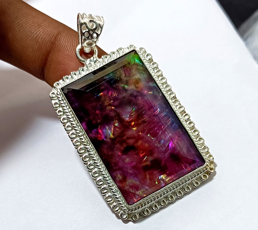 95.90 Ct Natural Ammolite 925 Solid Silver Rainbow PENDANT Certified Gemstone