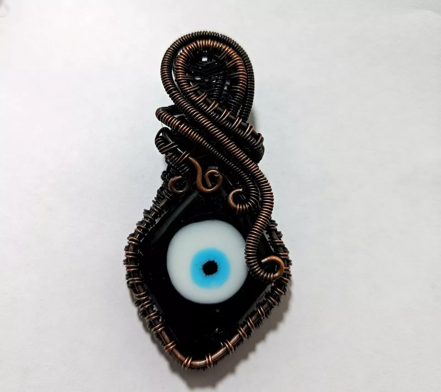 122.5 CT Black Color Evil Eye Gemstone Wire Wrapped Sister Pendant Copper 3.23'
