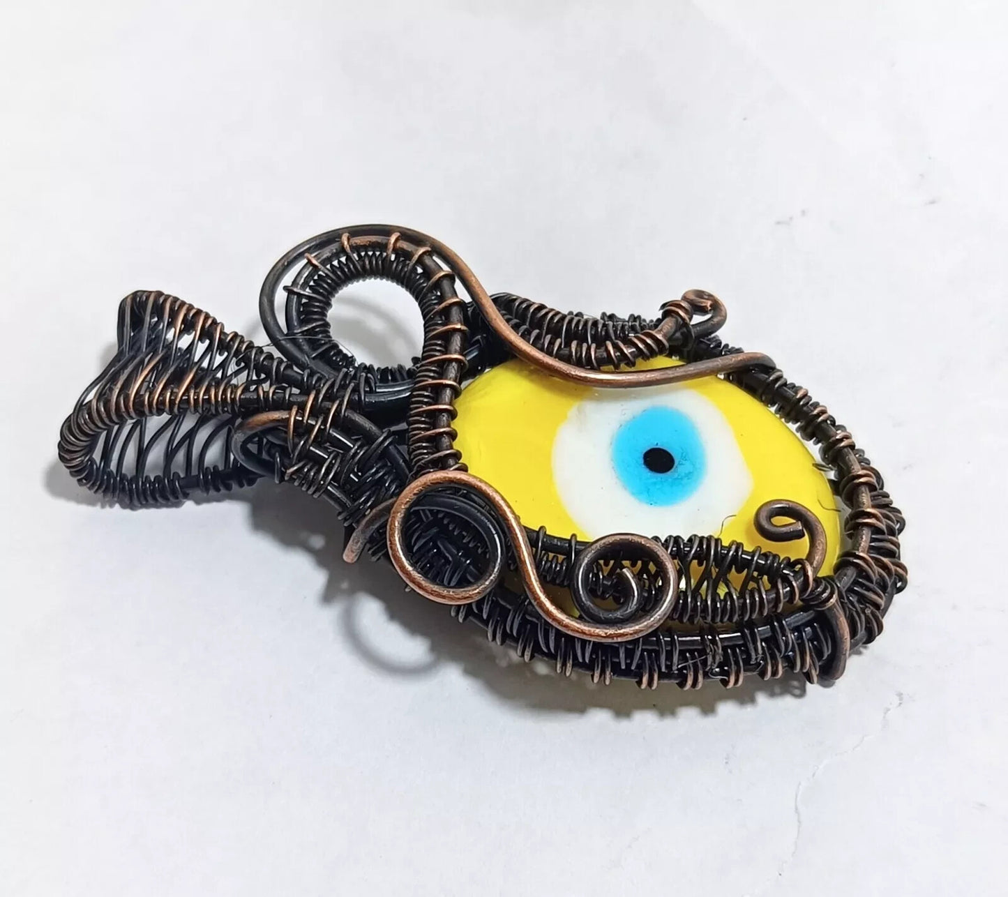 117.85 CT Yellow Evil Eye Gemstone Copper Wire Wrapped Pendant Gift For Mom