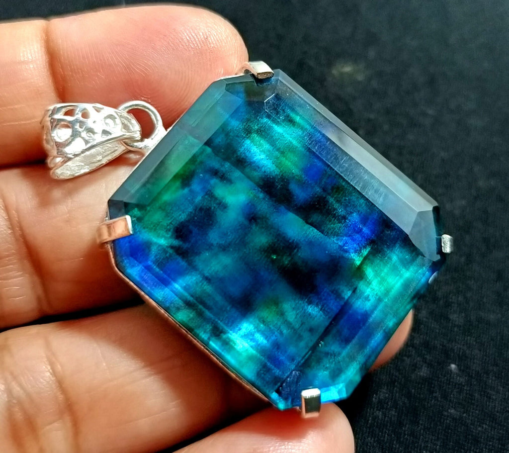 Certified Asscher Cut 95.50Ct Natural Ammolite 925 Solid Silver Pendant Gemstone