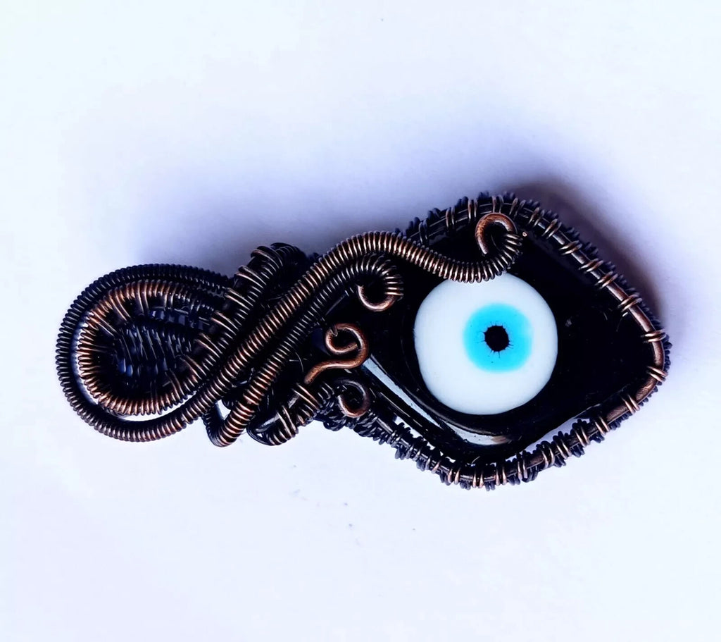 122.5 CT Black Color Evil Eye Gemstone Wire Wrapped Sister Pendant Copper 3.23'
