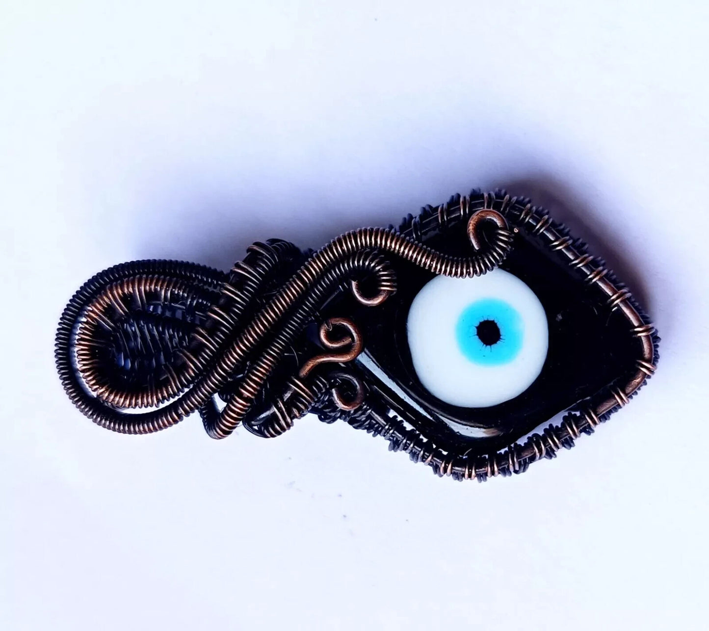 122.5 CT Black Color Evil Eye Gemstone Wire Wrapped Sister Pendant Copper 3.23'
