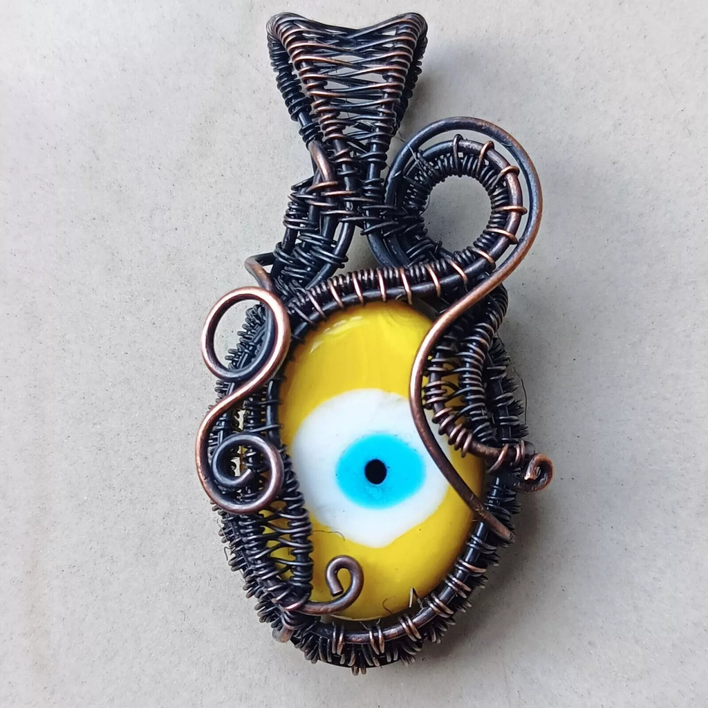 117.85 CT Yellow Evil Eye Gemstone Copper Wire Wrapped Pendant Gift For Mom
