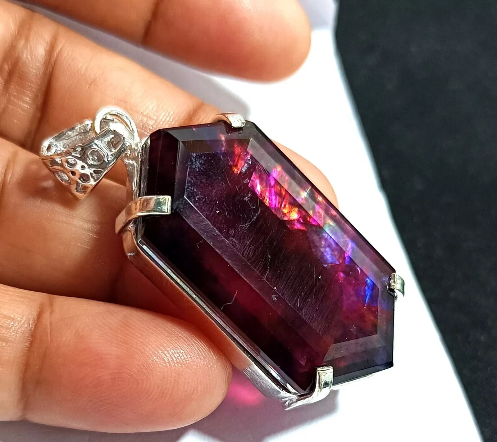 63.10 Ct Natural Ammolite 925 Solid Silver PENDANT MultiColor Certified Gemstone