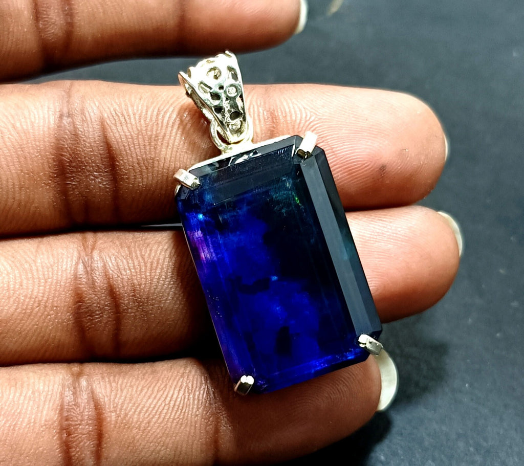 Certified 57.70Ct Natural Ammolite 925 Silver Emerald Cut Pendant Loose Gemstone