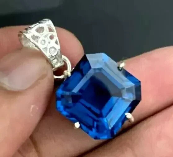 Certified 34 Ct Natural Blue Sapphire Asscher 925 Silver Pendant Loose Gemstone