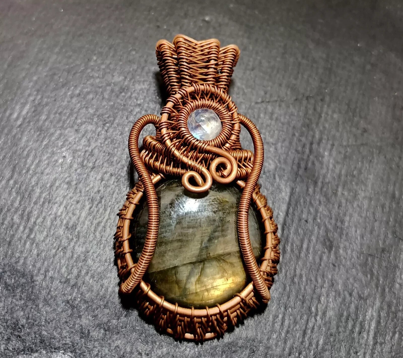 145.5 Ct Labradorite Wire Wrapped Pendant Handcrafted Copper Ethnic Gift 2.34"