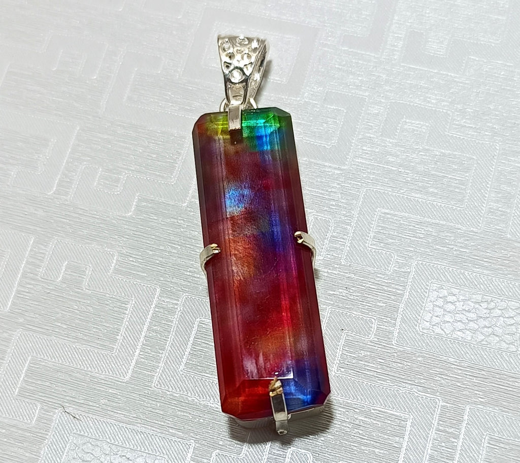 Certified 56.40Ct Natural Ammolite 925 Silver Emerald Cut Pendant Loose Gemstone