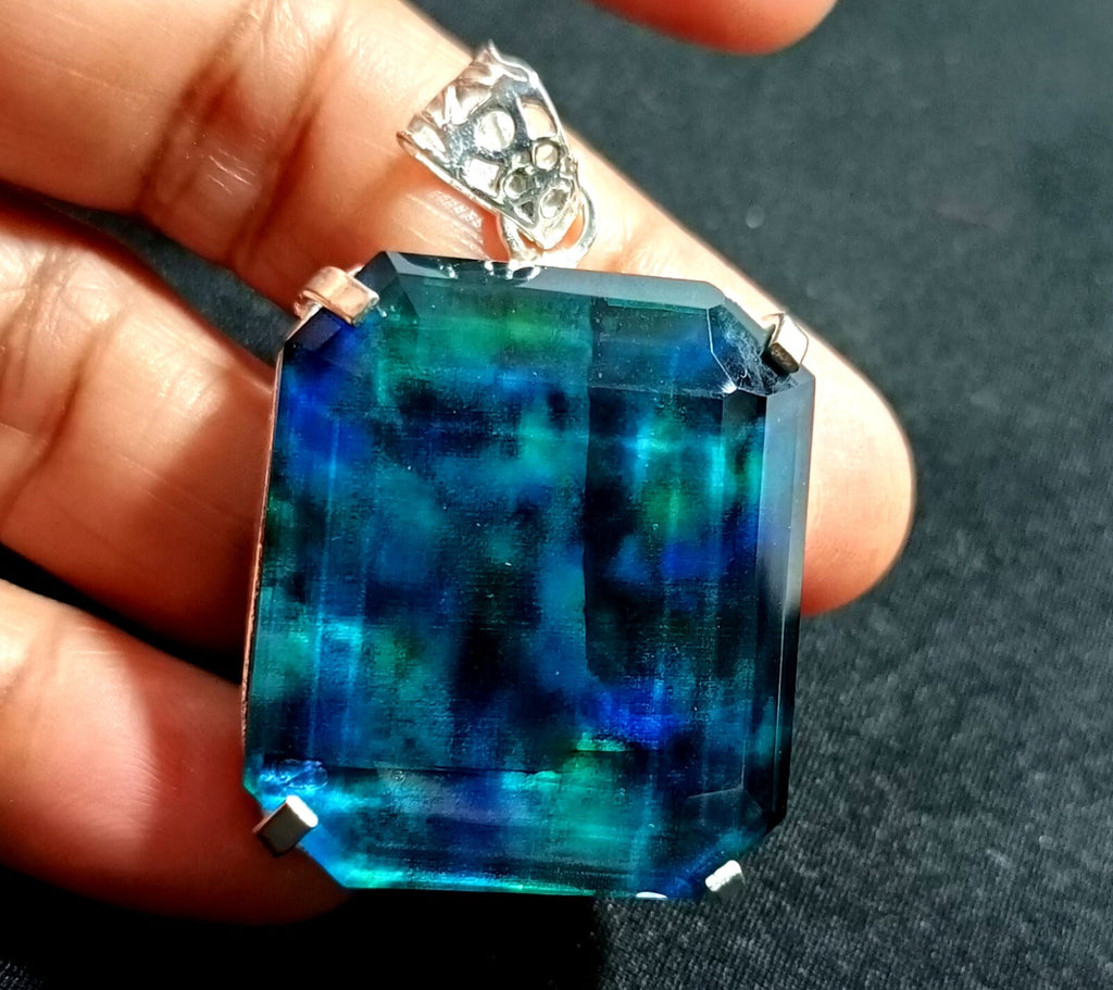 Certified Asscher Cut 95.50Ct Natural Ammolite 925 Solid Silver Pendant Gemstone