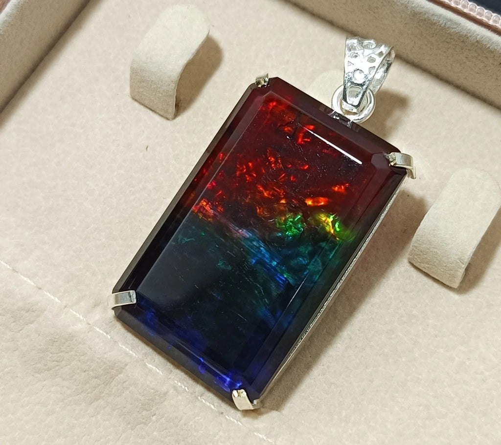 Certified 98.70 Ct Natural Ammolite 925 Solid Silver Rainbow Pendant Gemstone