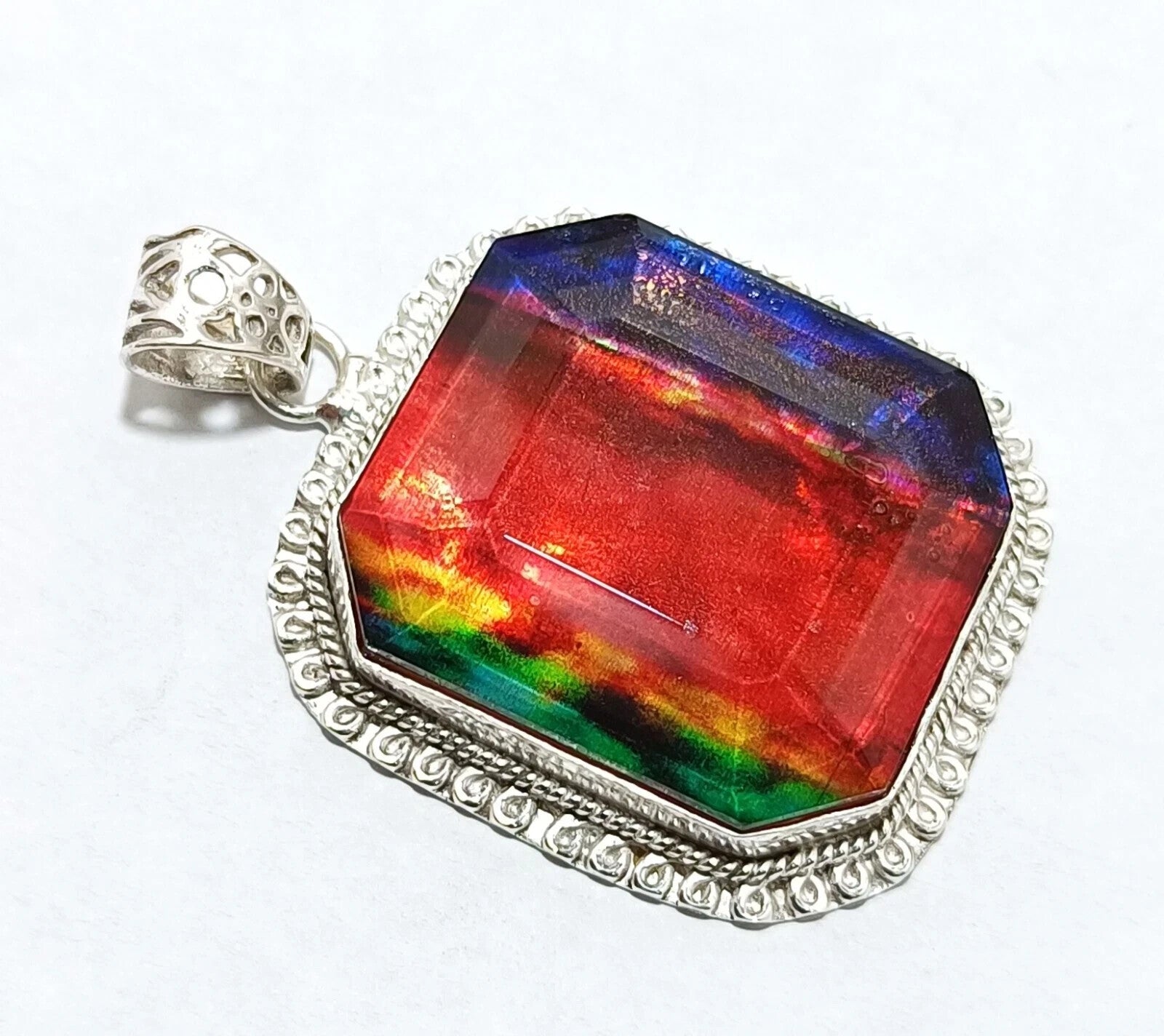 Certified 94.35 Ct Natural Ammolite 925 Solid Silver Rainbow Pendant Gemstone