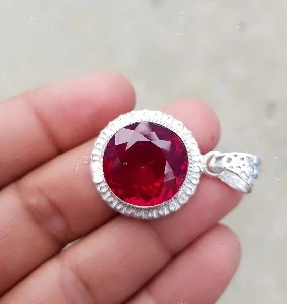 20 Ct Natural Ruby Round Pendant Necklace in Silver Handmade Jewelry