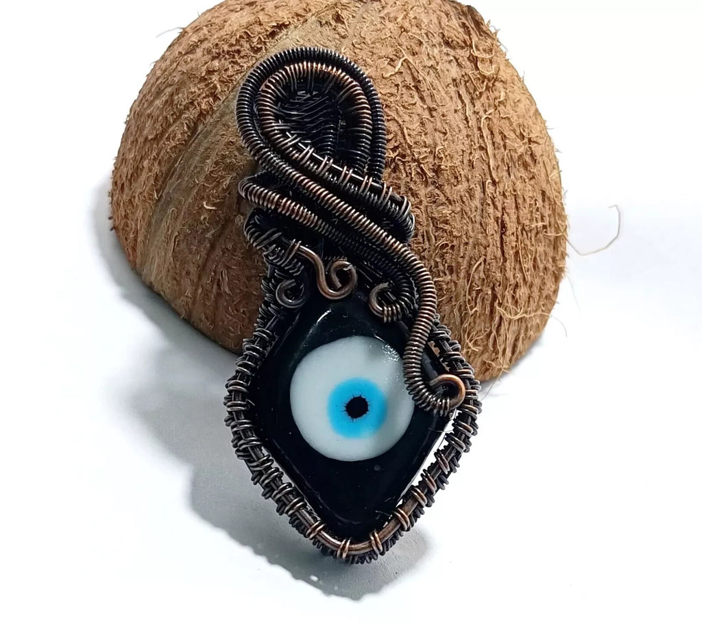 122.5 CT Black Color Evil Eye Gemstone Wire Wrapped Sister Pendant Copper 3.23'
