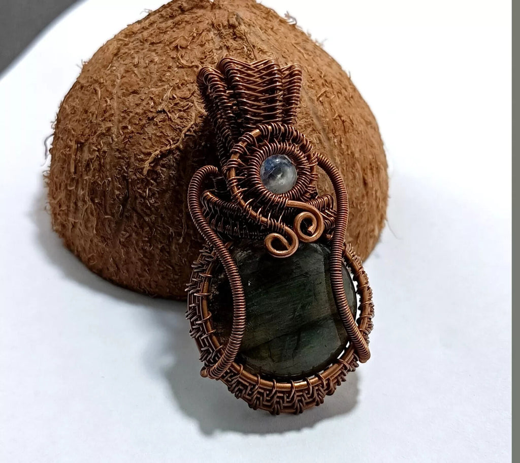 145.5 Ct Labradorite Wire Wrapped Pendant Handcrafted Copper Ethnic Gift 2.34"