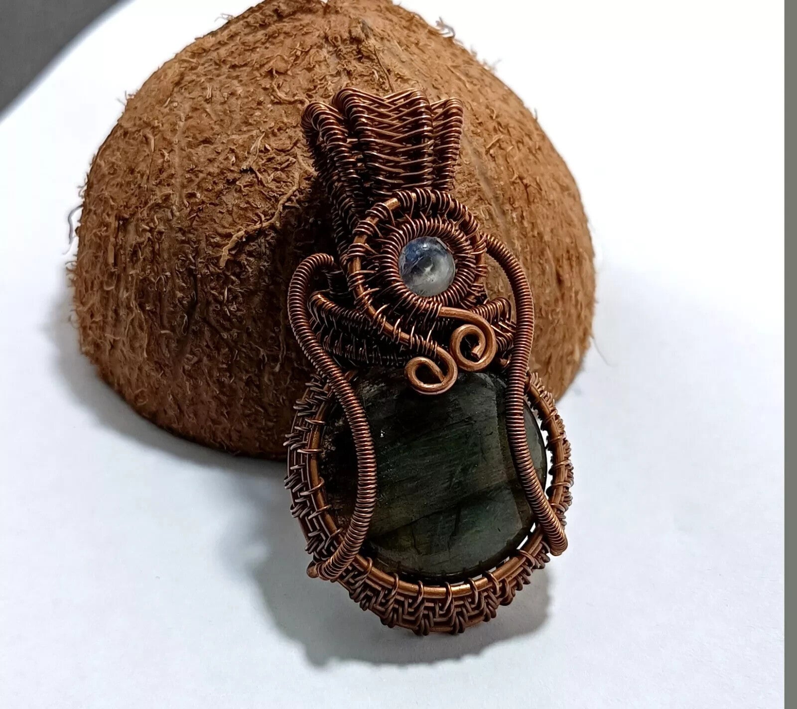 145.5 Ct Labradorite Wire Wrapped Pendant Handcrafted Copper Ethnic Gift 2.34"